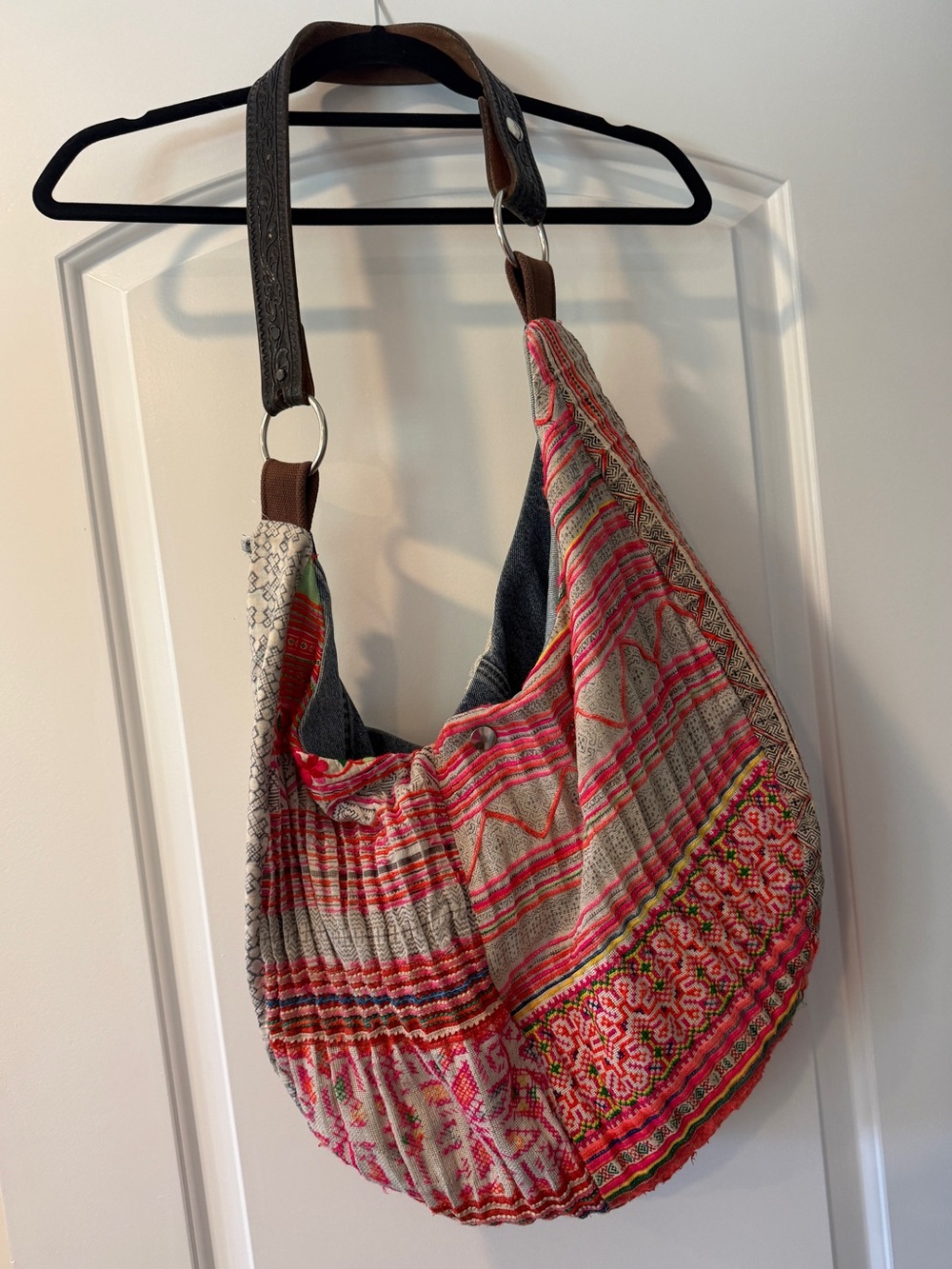 Tricia Fix Embroidered Patchwork Hobo Bag Leather Strap Boho